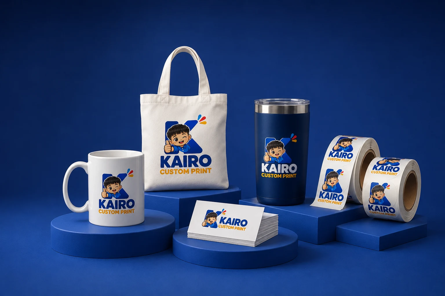 Koleksi tote bag, mug, tumbler, kartu nama, dan stiker KAIRO